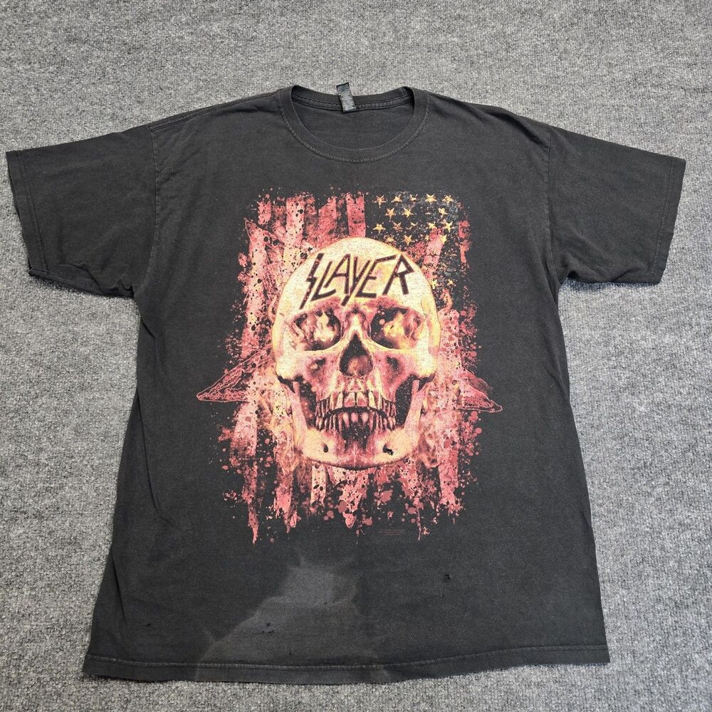Vintage Slayer Y2K All Over Skull Print Shirt Metal Band Rock Grunge Sz XL FLAW